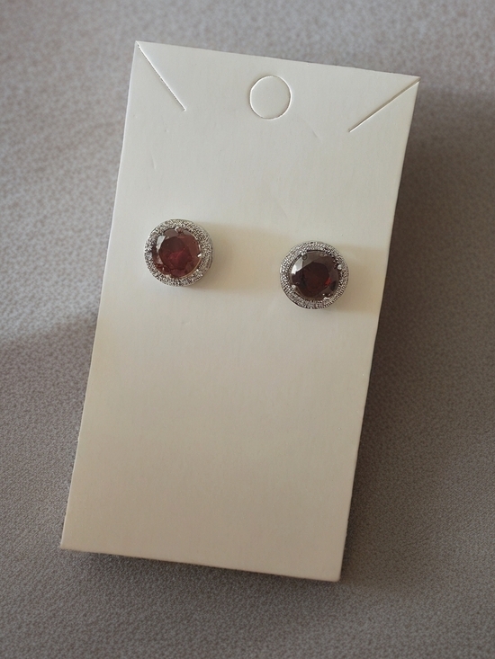 no brand Jewelry - Deep Red Halo Stud Earrings in Silver Tone